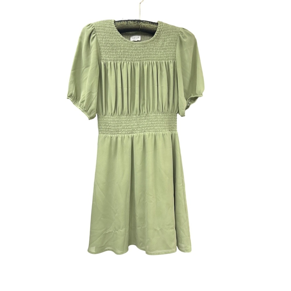 Baby Doll Mini Dress S Green Smocked Bodice Puff Sleeve Cottagecore Garden Party